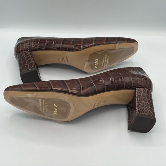 Inez Frida Heels in Mocha Croco | Brown Croc Embossed Leather Block Heel Pumps - Picture 6 of 10